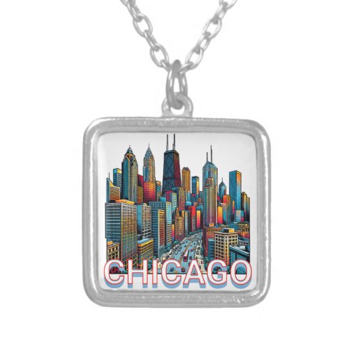 Pop art Comic Book Chicago Illinois Skyline  Silver Plated Necklace
