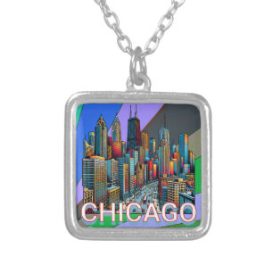 Pop art Comic Book Chicago, Illinois Skyline  Silver Plated Necklace