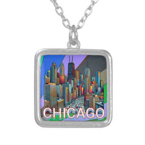 Pop art Comic Book Chicago Illinois Skyline  Silver Plated Necklace