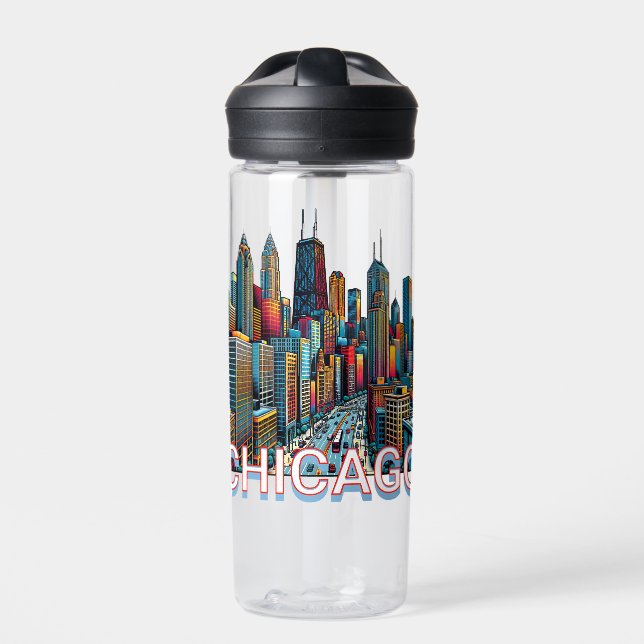 Pop art Comic Book Chicago Skyline Personalized Water Bottle (Front)