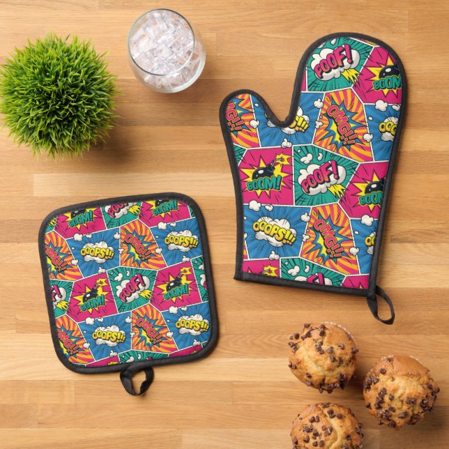 Pop Art Comic Book  Oven Mitt & Pot Holder Set (Top Down)
