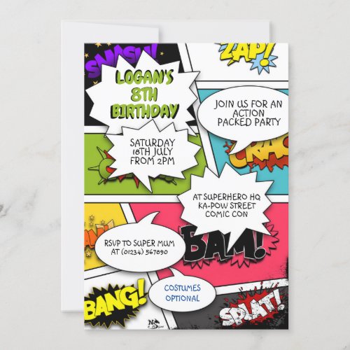 Pop Art Comic Book Party Invitations