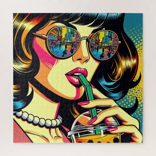 Pop Art Comic Book Pretty Woman Drinking Boba Jigsaw Puzzle