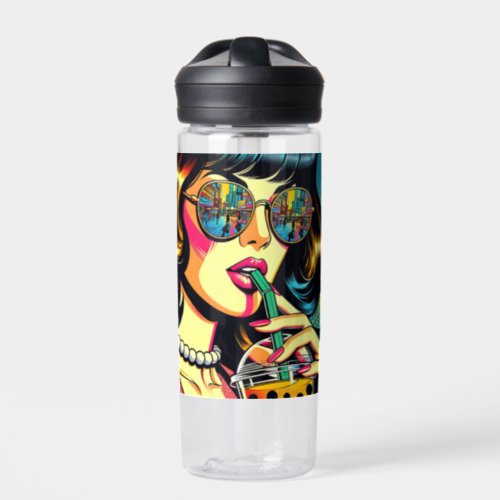 Pop Art Comic Book Pretty Woman Drinking Boba Water Bottle