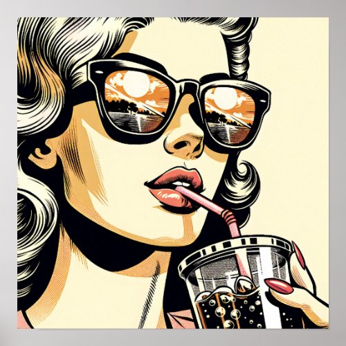 Pop Art Comic Book Pretty Woman Drinking Soda Poster