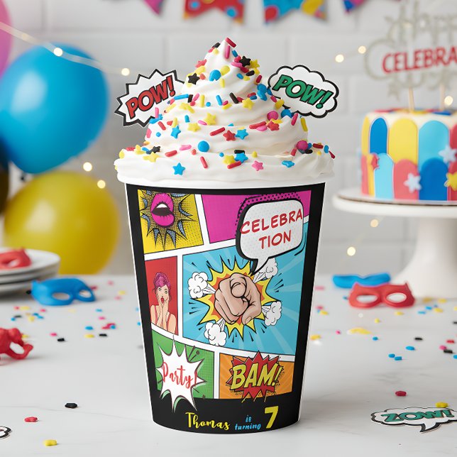 Pop art comic cartoon birthday paper cups (Creator Uploaded)