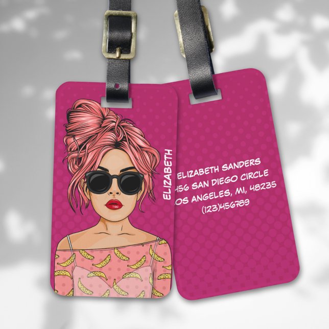 Pop Art Comic Girl Pink Background Luggage Tag (Creator Uploaded)
