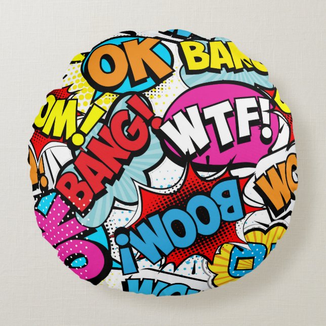 Pop Art Comic: Retro Seamless Pattern Round Pillow (Front)