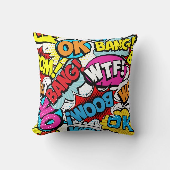 Pop Art Comic: Retro Seamless Pattern Throw Pillow (Front)