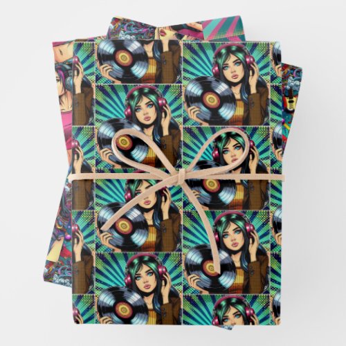 Pop Art Comic Style Birthday Girl Music Lover Wrapping Paper Sheets