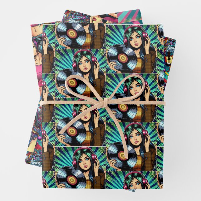 Pop Art Comic Style Birthday Girl Music Lover Wrapping Paper Sheets (In situ)