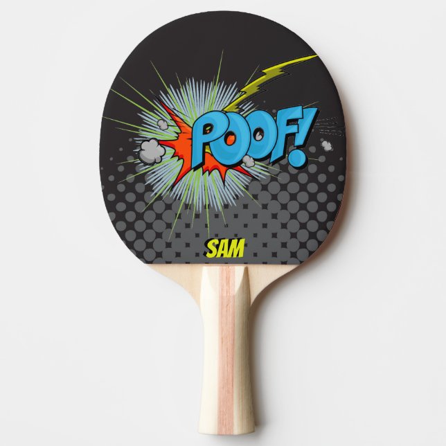 Pop Art Comic Style Poof! Personalized Superhero Ping-Pong Paddle (Front)