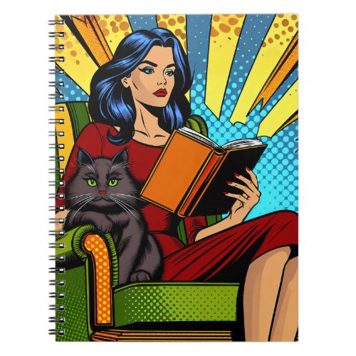 Pop Art Comic Woman Reading with Cat Notebook