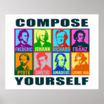 Pop Art Composers | Compose Yourself Poster<br><div class="desc">Bright colors add a modern pop art spirit to these graphic stylized portraits of famous musical composers. Each portrait is designed featuring two different intense colors and has the artists first name placed below in a bold, clean font. Eight composers are featured: Chopin, Bach, Wagner, Schubert, Tchaikovsky, Shostakovich, Mozart, and...</div>