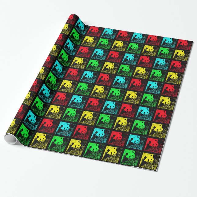Pop Art Cute Panda Red Blue Green Yellow Wrapping Paper (Unrolled)