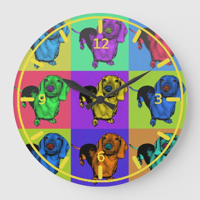 Pop Art Dachsund Doxie Panels Multi-Color Popart Large Clock (Front)
