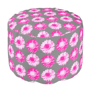 Pop Art Daisies - Fuchsia Pink and Grey Pouf