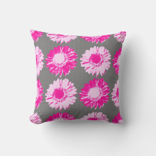 Pop Art Daisies - Fuchsia Pink and Grey Throw Pillow
