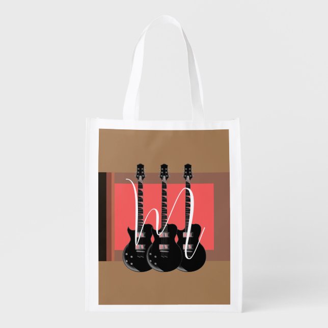 Pop Art Electric Guitar Monogram Initial Grocery Bag (Front)