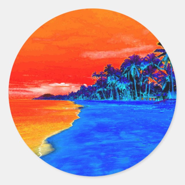 Pop Art Exotic Beach Palm Trees Classic Round Sticker (Front)