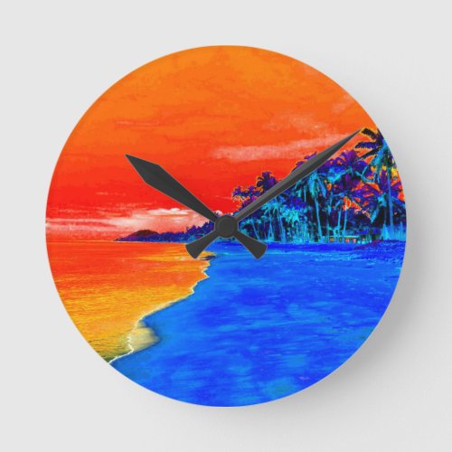 Pop Art Exotic Beach Palm Trees Round Clock