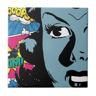 Pop Art Expression in Retro Comic Style Blue Woman Ceramic Tile