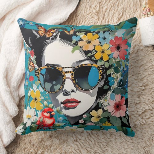 Pop Art Face with Flowers Bird and Butterflies Throw Pillow