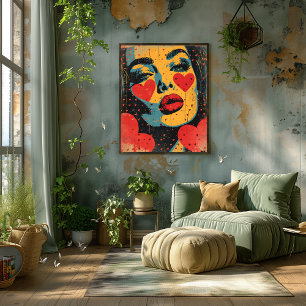 Pop Art Female Face With Hearts Romantic Neon Art Photo Print