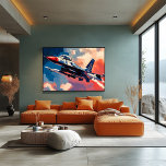 Pop Art Fighter Jet - Soaring Aviation Art Poster<br><div class="desc">This dynamic pop art scene features a powerful fighter jet soaring through a colorful sky, capturing the thrill and might of aviation. Perfect for aviation enthusiasts and those inspired by flight, this artwork makes a bold statement in any room. Customize the tail number, add personalized nose art, or include a...</div>