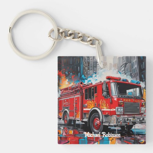  Pop Art Fire Truck in City Keychain