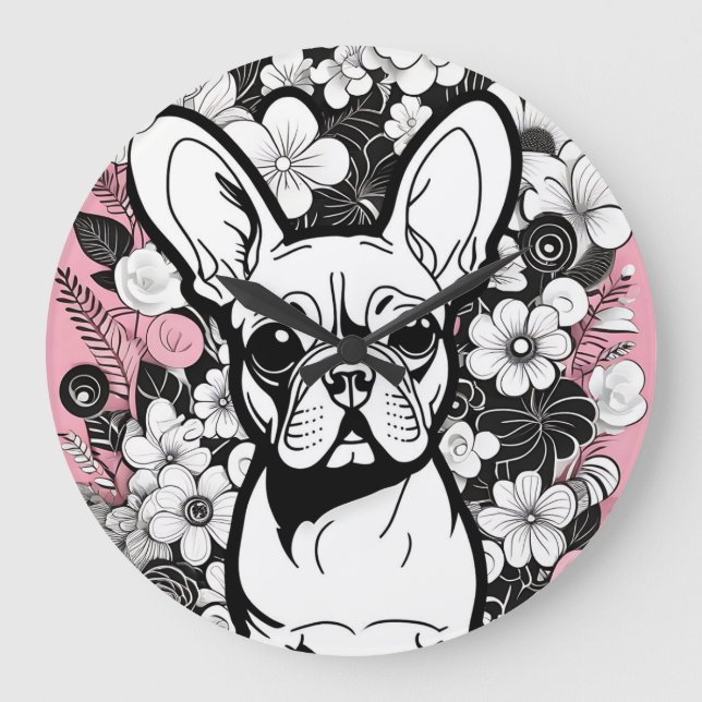 Pop Art Flowers and French Bulldog Large Clock (Front)
