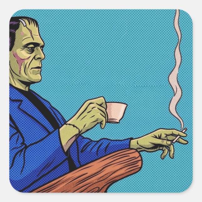Pop Art Frankenstein Monster Drinking Tea Halftone Square Sticker (Front)