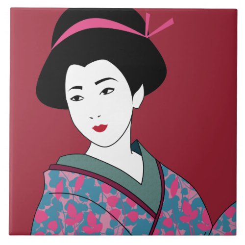 Pop Art Geisha in Floral Kimono Custom Ceramic Tile