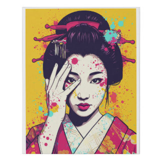 Pop Art Geisha with Splattered Colors Faux Canvas Print