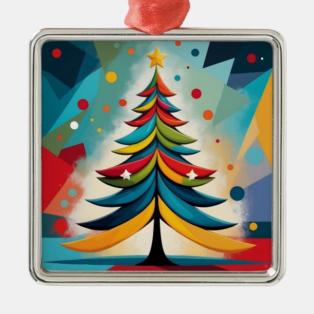 Pop Art Geometric Christmas Feathered Branches Metal Ornament (Front)