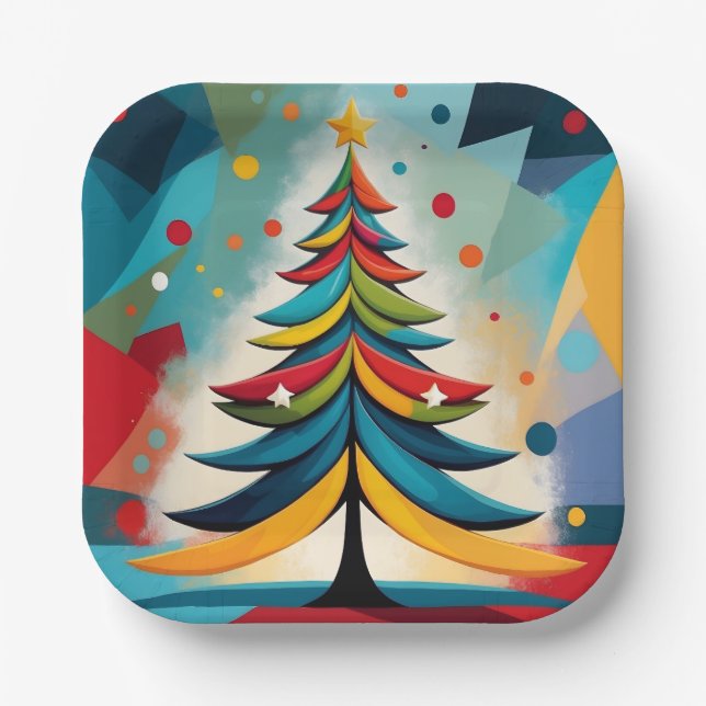Pop Art Geometric Christmas Feathered Branches Paper Plates (Front)