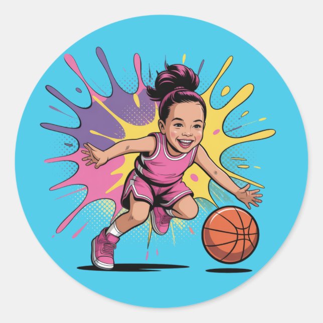 Pop Art Girl Basketball Birthday Bash Classic Round Sticker (Front)