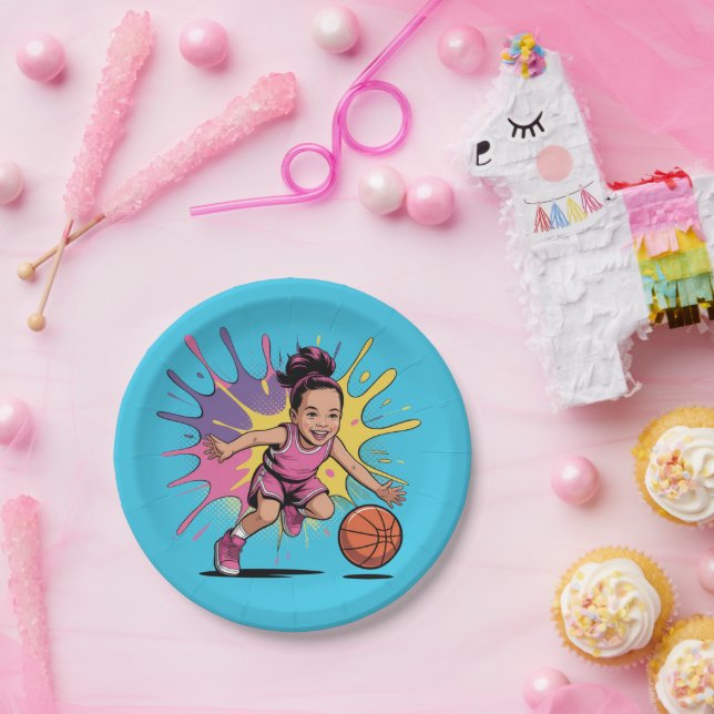 Pop Art Girl Basketball Birthday Bash Paper Plates (Party)