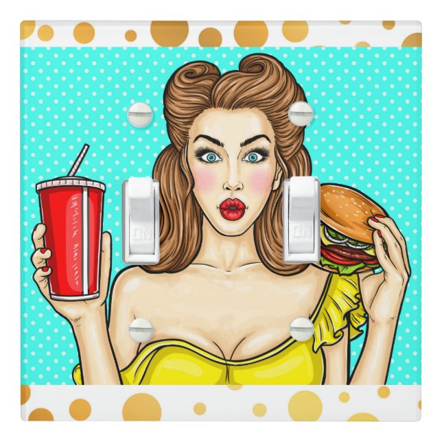 Pop Art Girl Burger Kitchen Design Switch Plate (In Situ)