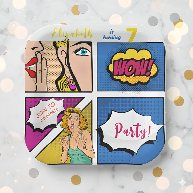 Pop art girl comic birthday paper plates (Creator Uploaded)