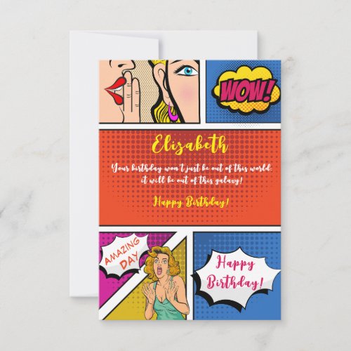 Pop art girl comic happy birthday card