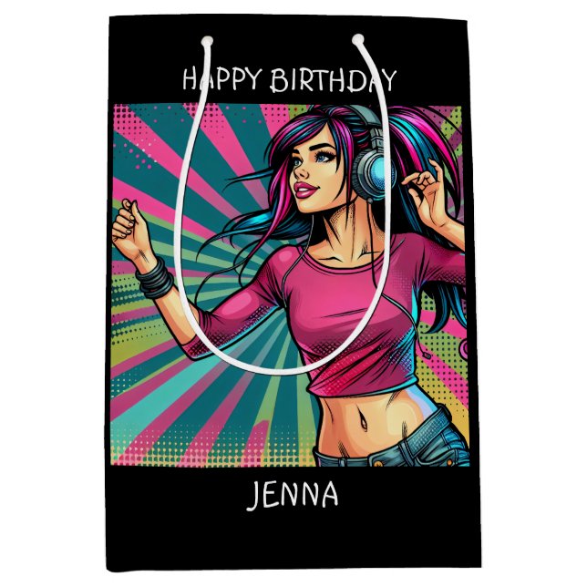 Pop Art Girl Dancing Birthday Personalized Medium Gift Bag (Front)