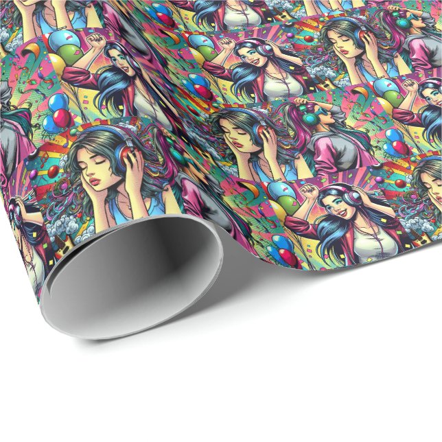 Pop Art Girl Dancing Birthday Personalized Wrapping Paper (Roll Corner)