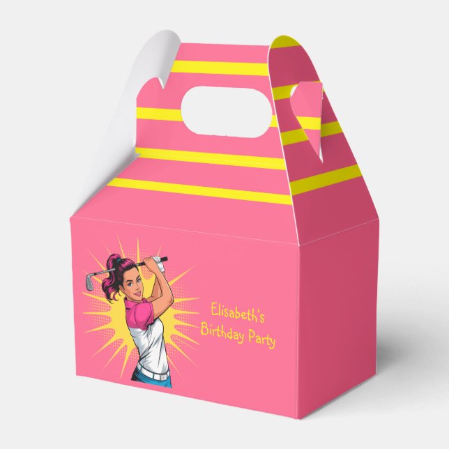 Pop Art Girl Golfer Birthday Party Favor Boxes (Front Side)