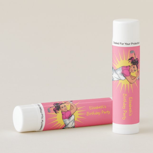 Pop Art Girl Golfer Birthday Party Favor Lip Balm (Front)