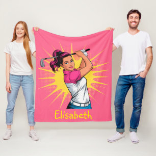 Pop Art Girl Golfer Birthday Party Gift Fleece Blanket