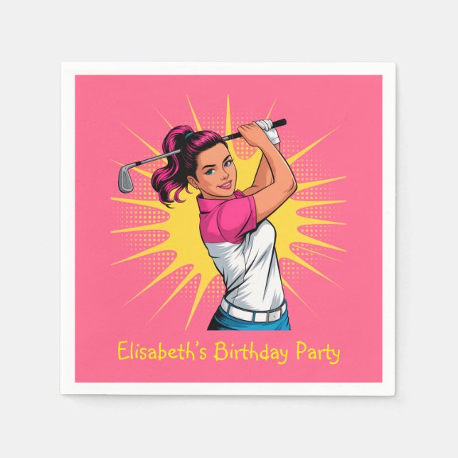 Pop Art Girl Golfer Birthday Party Napkins (Front)