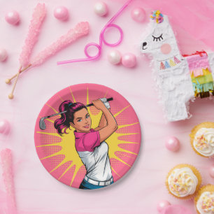 Pop Art Girl Golfer Birthday Party Paper Plates