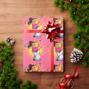 Pop Art Girl Golfer Birthday Party Wrapping Paper