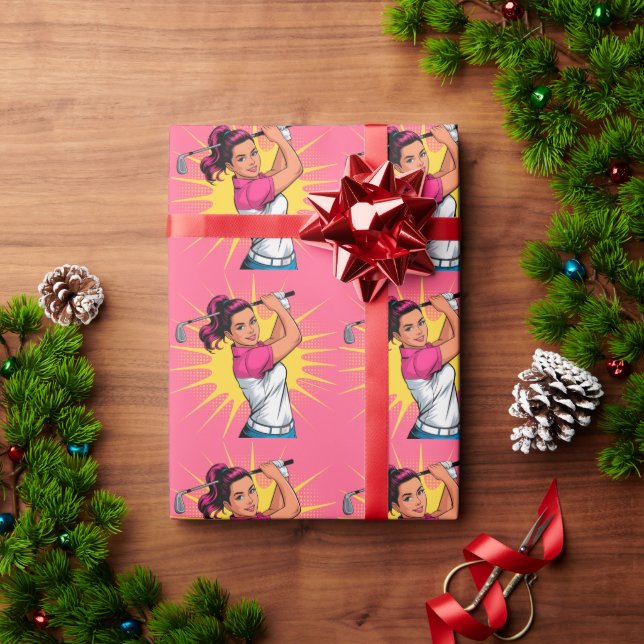 Pop Art Girl Golfer Birthday Party  Wrapping Paper (Holiday Gift)
